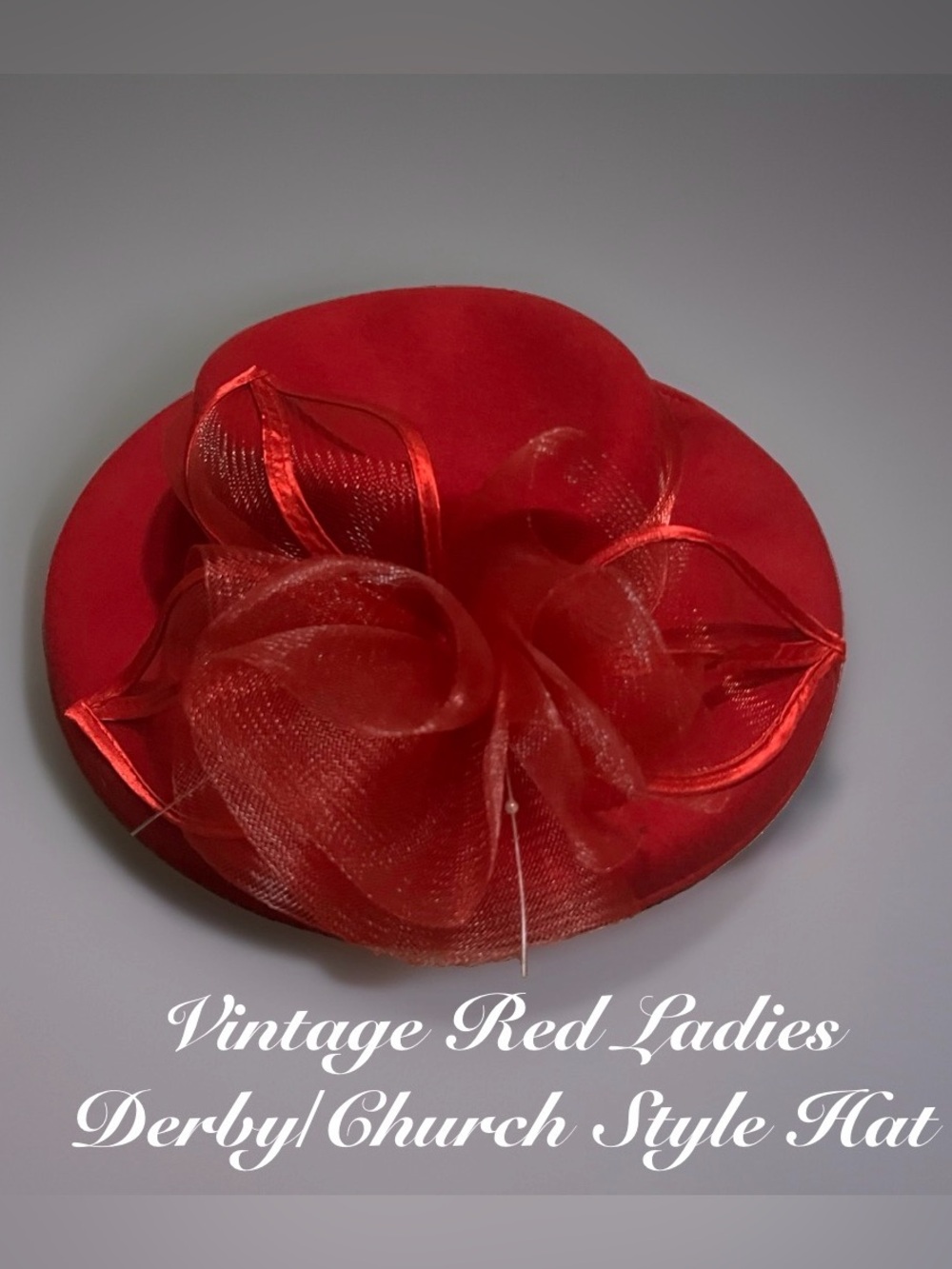 Vintage Red Ladies Derby-Church Hat with Large Flower & Beaded Accents EUC